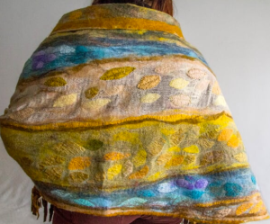  Susana Larrambebere. Shawl. Hand dyed, hand felted Merino over gauze, with applications.